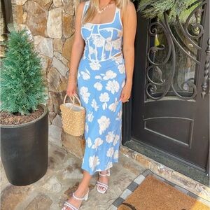 Le Lis Blue and Cream Floral Midi crop top and skirt.